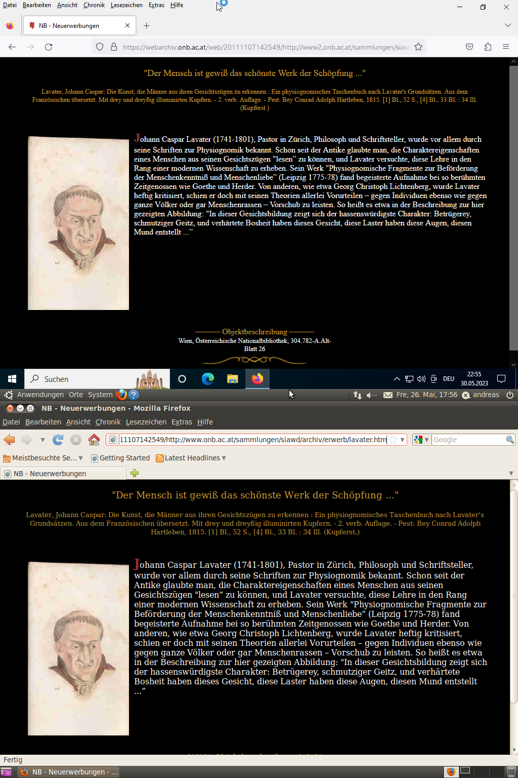 Zwei Screenshots einer Website in verschiedenen Browsern übereinander.