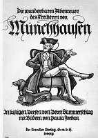 Abb. 1: Peter Hammerschlag: Die wunderbaren Abenteuer des Freiherrn von Münchhausen. In lustigen Versen. Mit Bildern von Paula Jordan. Leipzig: Trenkler [1939], Titelbl. [Privatbesitz]. In: Sichtungen 2, S. 47