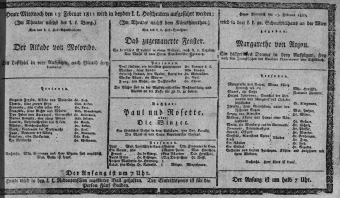 Theaterzettel (Oper und Burgtheater in Wien) 18110213 Seite: 1