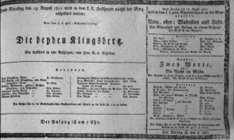 Theaterzettel (Oper und Burgtheater in Wien) 18110813 Seite: 1