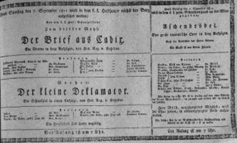 Theaterzettel (Oper und Burgtheater in Wien) 18110907 Seite: 1