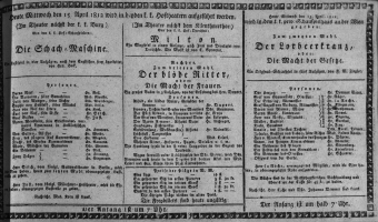 Theaterzettel (Oper und Burgtheater in Wien) 18120415 Seite: 1