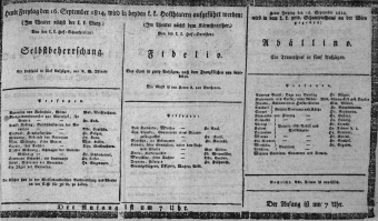 Theaterzettel (Oper und Burgtheater in Wien) 18140916 Seite: 1