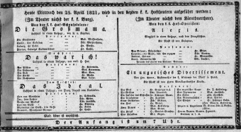 Theaterzettel (Oper und Burgtheater in Wien) 18210425 Seite: 1