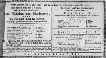 Theaterzettel (Oper und Burgtheater in Wien) 18210509 Seite: 1