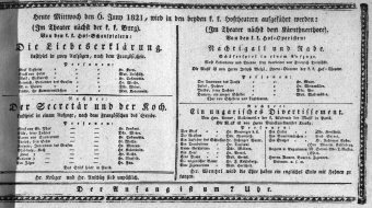 Theaterzettel (Oper und Burgtheater in Wien) 18210606 Seite: 1