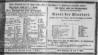 Theaterzettel (Oper und Burgtheater in Wien) 18210613 Seite: 1