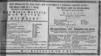 Theaterzettel (Oper und Burgtheater in Wien) 18210618 Seite: 1