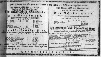 Theaterzettel (Oper und Burgtheater in Wien) 18210626 Seite: 1