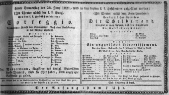 Theaterzettel (Oper und Burgtheater in Wien) 18210628 Seite: 1
