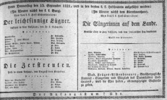 Theaterzettel (Oper und Burgtheater in Wien) 18210913 Seite: 1