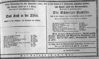 Theaterzettel (Oper und Burgtheater in Wien) 18210920 Seite: 1
