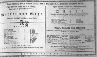 Theaterzettel (Oper und Burgtheater in Wien) 18211002 Seite: 1