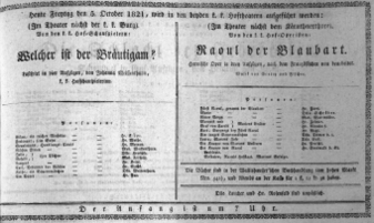 Theaterzettel (Oper und Burgtheater in Wien) 18211005 Seite: 1