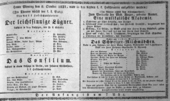 Theaterzettel (Oper und Burgtheater in Wien) 18211008 Seite: 1