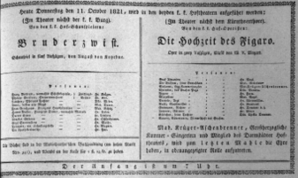 Theaterzettel (Oper und Burgtheater in Wien) 18211011 Seite: 1