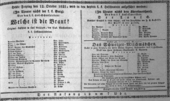 Theaterzettel (Oper und Burgtheater in Wien) 18211012 Seite: 1