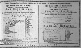 Theaterzettel (Oper und Burgtheater in Wien) 18211014 Seite: 1