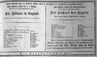 Theaterzettel (Oper und Burgtheater in Wien) 18211015 Seite: 1