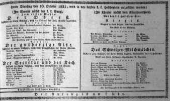 Theaterzettel (Oper und Burgtheater in Wien) 18211016 Seite: 1
