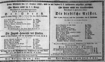Theaterzettel (Oper und Burgtheater in Wien) 18211017 Seite: 1