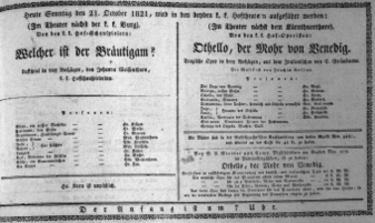 Theaterzettel (Oper und Burgtheater in Wien) 18211021 Seite: 1