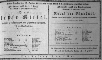 Theaterzettel (Oper und Burgtheater in Wien) 18211023 Seite: 1