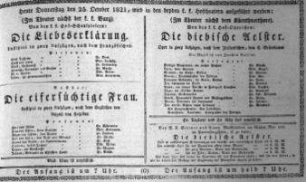 Theaterzettel (Oper und Burgtheater in Wien) 18211025 Seite: 1