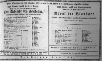 Theaterzettel (Oper und Burgtheater in Wien) 18211028 Seite: 1