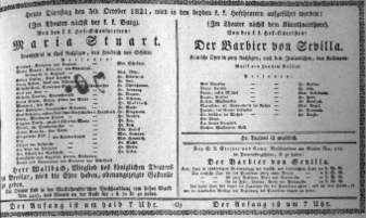 Theaterzettel (Oper und Burgtheater in Wien) 18211030 Seite: 1