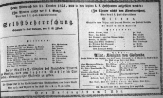 Theaterzettel (Oper und Burgtheater in Wien) 18211031 Seite: 1