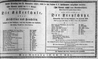 Theaterzettel (Oper und Burgtheater in Wien) 18211106 Seite: 1