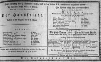 Theaterzettel (Oper und Burgtheater in Wien) 18211109 Seite: 1