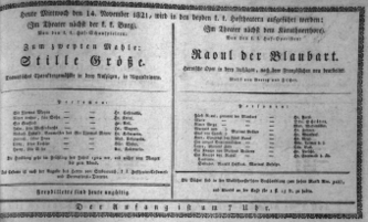 Theaterzettel (Oper und Burgtheater in Wien) 18211114 Seite: 1