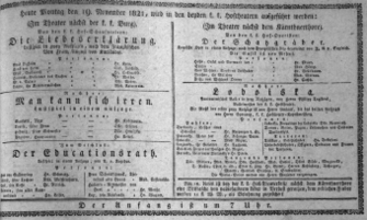 Theaterzettel (Oper und Burgtheater in Wien) 18211119 Seite: 1