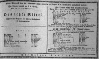 Theaterzettel (Oper und Burgtheater in Wien) 18211121 Seite: 1
