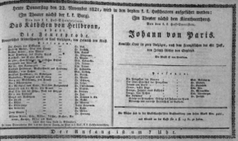 Theaterzettel (Oper und Burgtheater in Wien) 18211122 Seite: 1