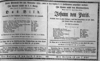 Theaterzettel (Oper und Burgtheater in Wien) 18211128 Seite: 1