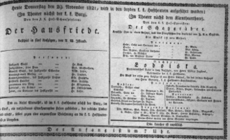Theaterzettel (Oper und Burgtheater in Wien) 18211129 Seite: 1