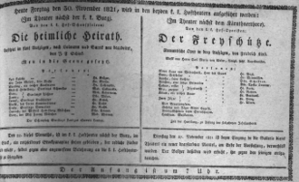 Theaterzettel (Oper und Burgtheater in Wien) 18211130 Seite: 1