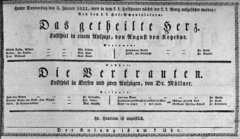 Theaterzettel (Oper und Burgtheater in Wien) 18220103 Seite: 1