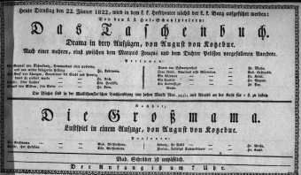 Theaterzettel (Oper und Burgtheater in Wien) 18220122 Seite: 1