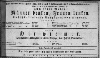 Theaterzettel (Oper und Burgtheater in Wien) 18220123 Seite: 1