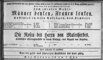 Theaterzettel (Oper und Burgtheater in Wien) 18220124 Seite: 1