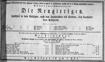 Theaterzettel (Oper und Burgtheater in Wien) 18220130 Seite: 1