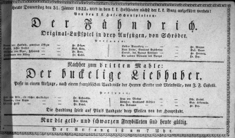 Theaterzettel (Oper und Burgtheater in Wien) 18220131 Seite: 1