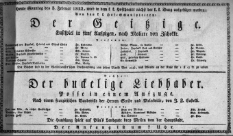 Theaterzettel (Oper und Burgtheater in Wien) 18220203 Seite: 1