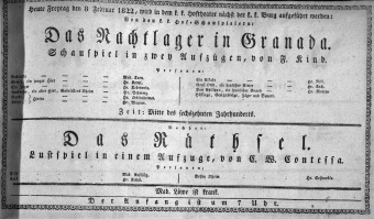 Theaterzettel (Oper und Burgtheater in Wien) 18220208 Seite: 1