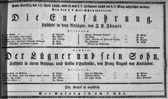 Theaterzettel (Oper und Burgtheater in Wien) 18220413 Seite: 1