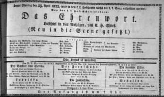 Theaterzettel (Oper und Burgtheater in Wien) 18220429 Seite: 1